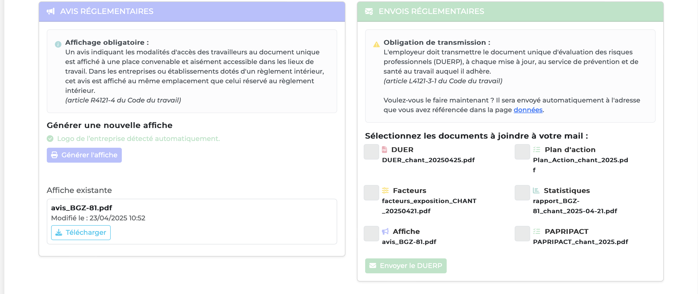 Envoi de la réglementation DUERP
