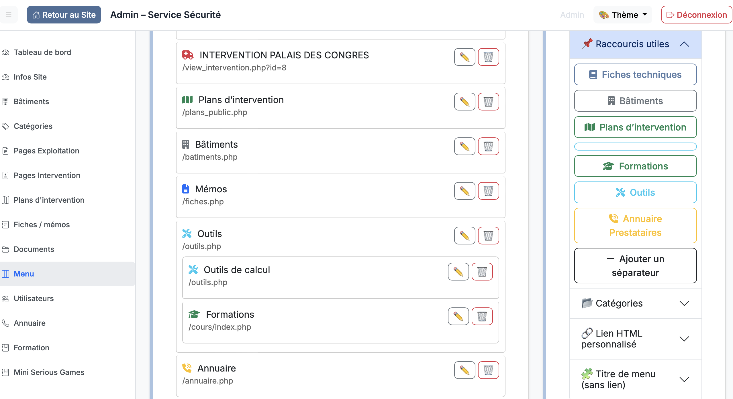 Menu sécurité